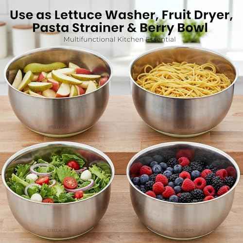 Large Stainless Steel Salad Spinner 5.3QT, Lettuce Dryer, Vegetable Washer with Brake Button, Non-Slip Base, Salad Dryer for Greens, Fruits & Vegetables