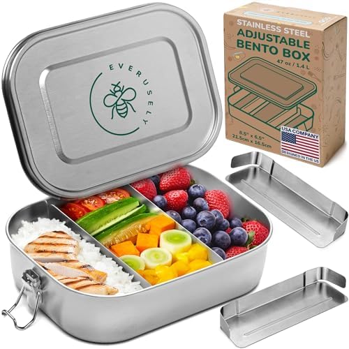 Stainless Steel Metal Lunch Box - 47 oz / 1.4 L, 2 Adjustable Dividers