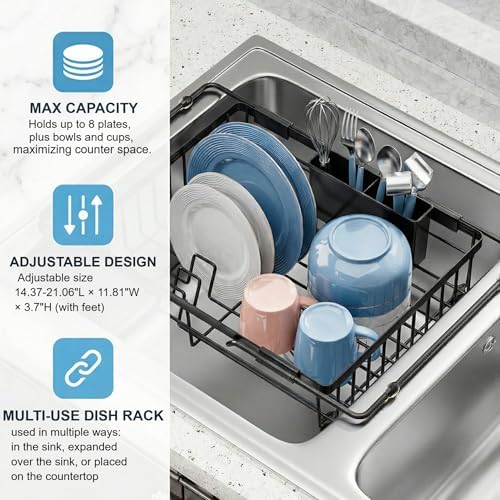 Expandable In Sink Dish Drying Rack with Utensil Holder
