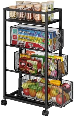 4 Tier Narrow Kitchen Rolling Cart, 9.1" Wide Slim Kitchen Storage