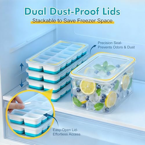NFK Ice Cube Tray with Lid & Bin - 4 Pack 48 Cubes Stackable Silicone