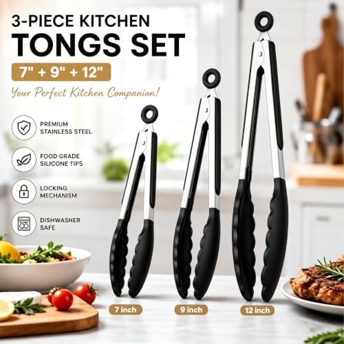 Kitchen Tongs Set, 3 Pack, 7+9+12", Silicone Tips