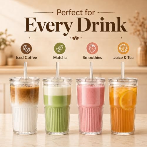 Haundry Ribbed Glass Cups with Lids and Straws (2 Pack), 16oz Iced
