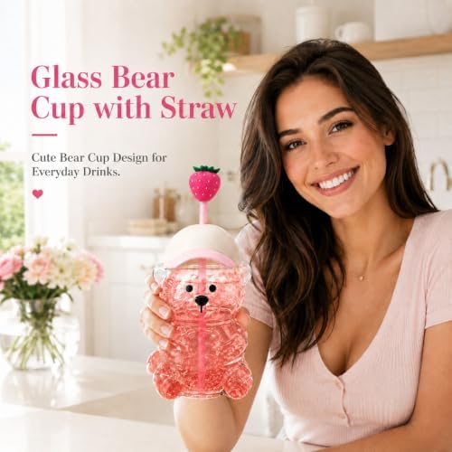 Glass Bear Cup with Straw & Lid, 20oz for Coffee & Shakes