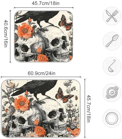 OTVEE Skull in Dark Art Dish Drying Mat for Kitchen Counter Absorbent