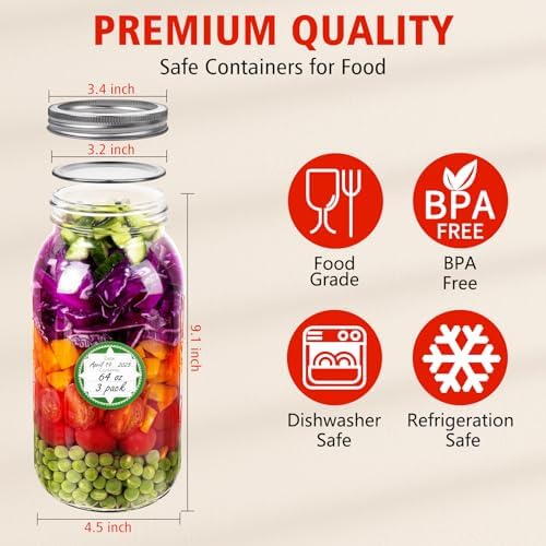 64 oz Mason Jars with Lids, 3 Pack Half Gallon Canning Jars