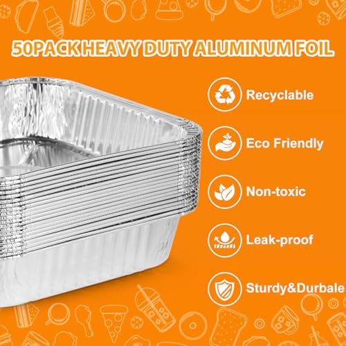 8x8 Foil Pans 50 Pack, Heavy Duty Square Aluminum Baking Pans