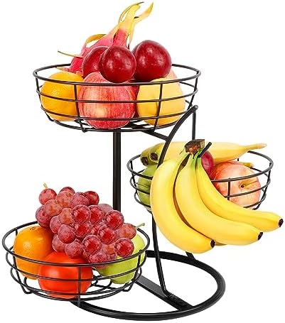 Livabber Fruit Basket Bowl with Banana Hanger, Fruit Vegetable Storage Basket with Banana Tree Holder for Kitchen Counter, Detachable Organizer for Bread Snack Produce (Black, 3-Tier Metal Base)