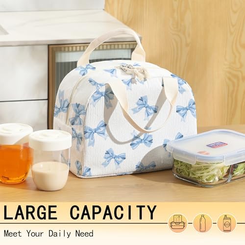 Lunch Box for Girls, Blue Bow Tie, Corduroy Lunch Bag for Women