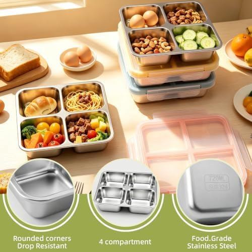 Malist 4 Pack 4-Compartment Stainless Steel Containers with 4 Steel