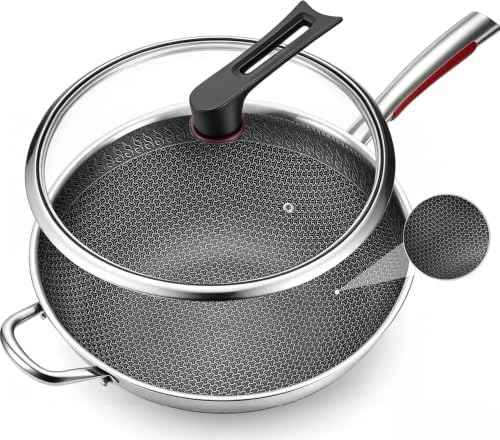 14-Inch Stainless Steel Wok Pan with Glass Lid - Tri-Ply Nonstick Wok & Stir-Fry Pan, PFOA Free Uncoated Cookware for All Cooktops, Induction Compatible, Flat Bottom