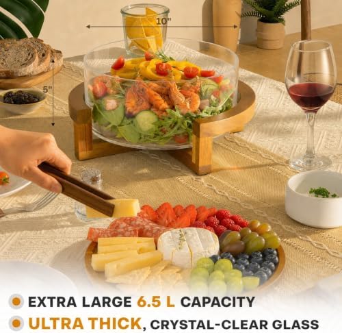 X-Large 6.5 L Glass Salad Bowl with Lid Set, Decorative Glass Mixing