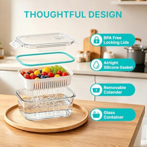 3 Pack Glass Fruit Storage Containers for Fridge with Lids