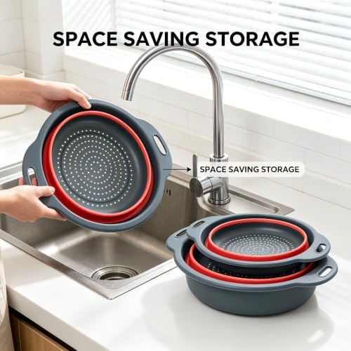 Red Collapsible Colander Set 3 Pack Silicone Strainers