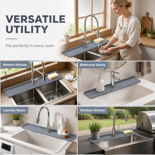Faucet Mat for Kitchen Sink, Silicone Sink Splash Guard with 7° Slope