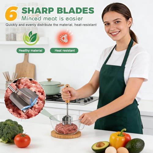 304 Stainless Steel Meat Chopper & Masher - Heavy Duty 6 Curve Blades