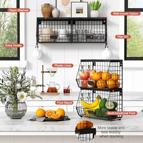 Goozii Black Kitchen Wall Hanging Storage Basket Set of 2, Rustic