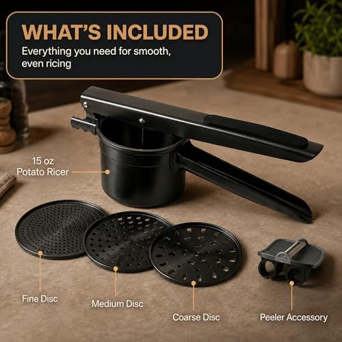 Potato Ricer Stainless Steel (15 oz, Black) - Heavy Duty Potato Masher