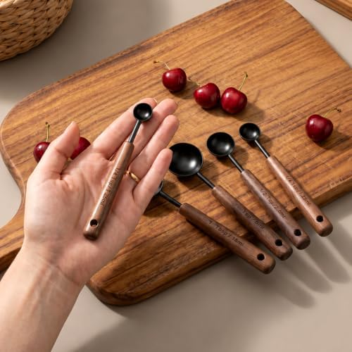 4 Pcs Wooden Handle Measuring Spoons, Black Stainless Steel Measuring