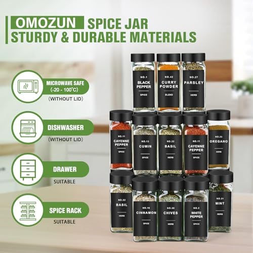 Spice Jars with Label, 24pcs 4oz Glass Spice Jars with Black Lids