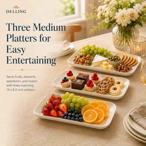 DELLING 14 Inch Large Serving Platter Set of 3, White Porcelain Serving Trays for Entertaining, Rectangular Platters for Turkey Meat Appetizer Party, Oven Microwave Dishwasher Safe Dinnerware