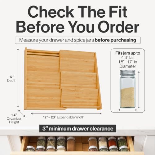 Bamboo Spice Drawer Organizer, Expandable 12 to 23 Inch Insert Holds