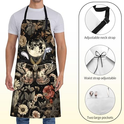 Mystical Moth Apron for Women with Moon,28x33in, Vintage Floral