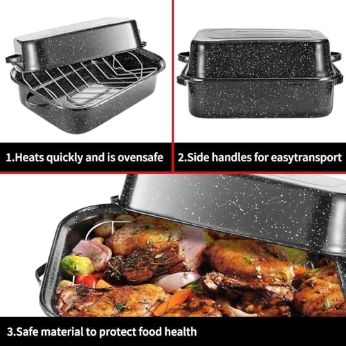 QPMR Roasting Pan with Rack, 21” Rectangular Granite Roaster Pan, 25lb