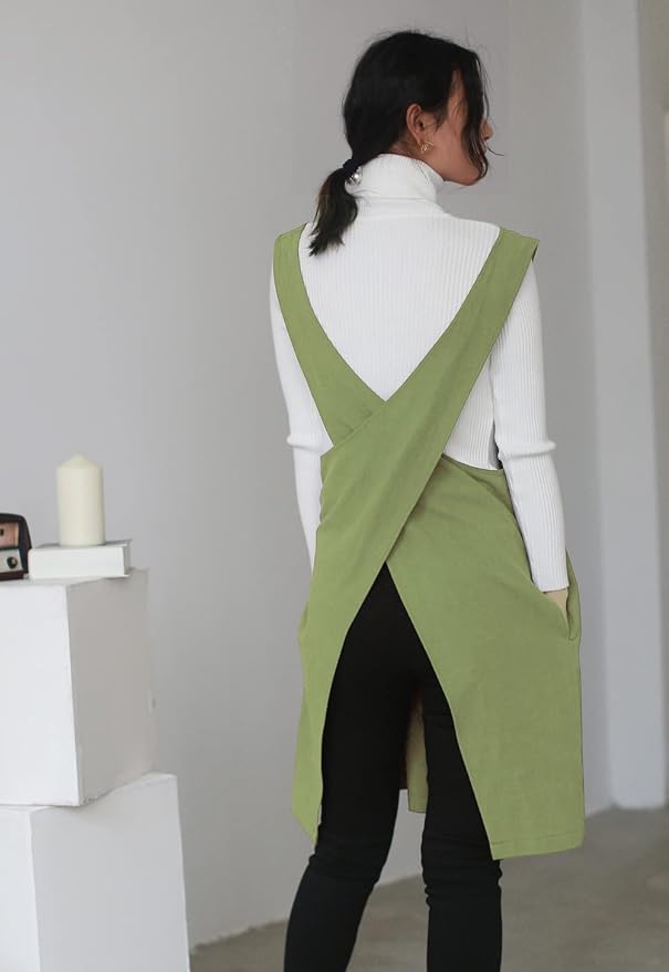 Cotton Linen Japanese Apron Halter Cross Back Bandage X Shape Aprons Two Pockets - Image 3