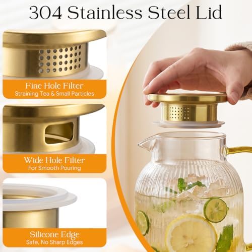 68 oz Glass Pitcher with Lid, Water Pitcher for Tea, Juice, Drink