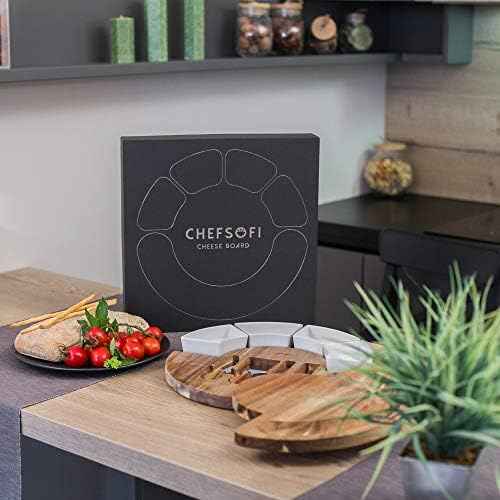 ChefSofi Charcuterie Board Set and Cheese Serving Platter - Made from Acacia Wood - US Patented 13 inch Cheese Board and Knife Set for Entertaining and Serving - 4 Knives and 4 Bowls