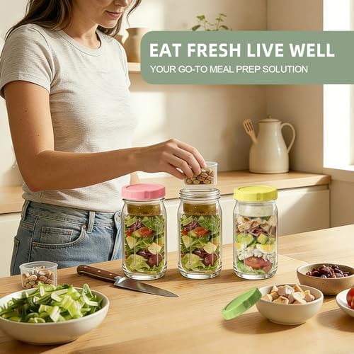 6 Pack Glass Salad Jars with Dressing Cups for Meal Prep, 32oz