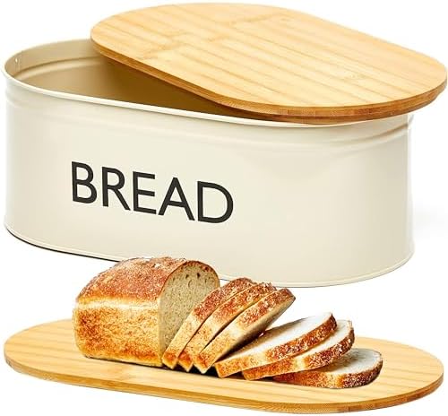 RoyalHouse Premium Metal Bread Box with Bamboo Lid