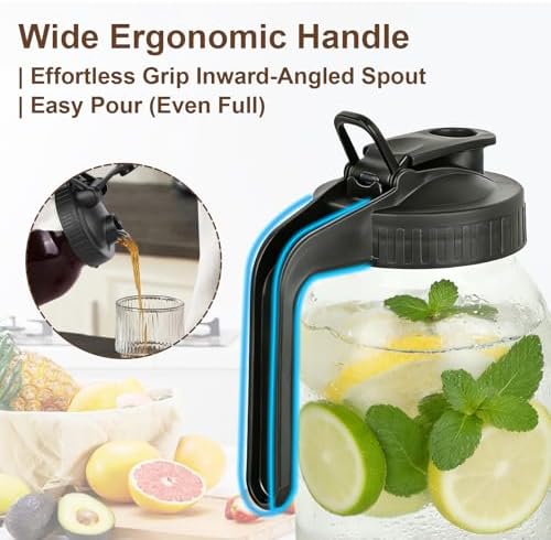 64 oz Glass Mason Jar Pitcher with Lid, Handle & Non-Slip Silicone