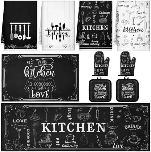 Fourluoo 10 Pcs Kitchen Towels Rugs Mats Set, Oven Mitts Pot Holders
