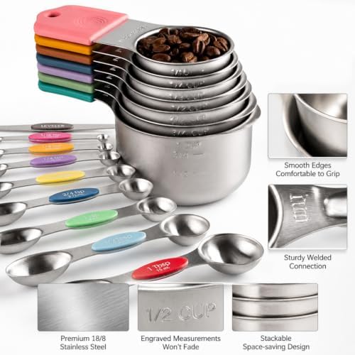 16Pcs 304 Stainless Steel Measuring Cups Spoons Set Color Silicone