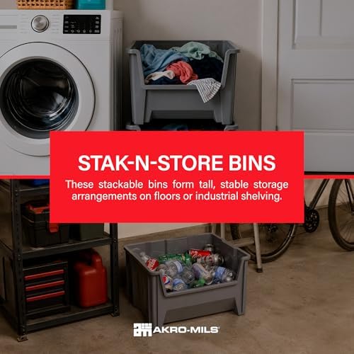 Akro-Mils Stak-N-Store Plastic Storage Bin, Gray, 3 Pack