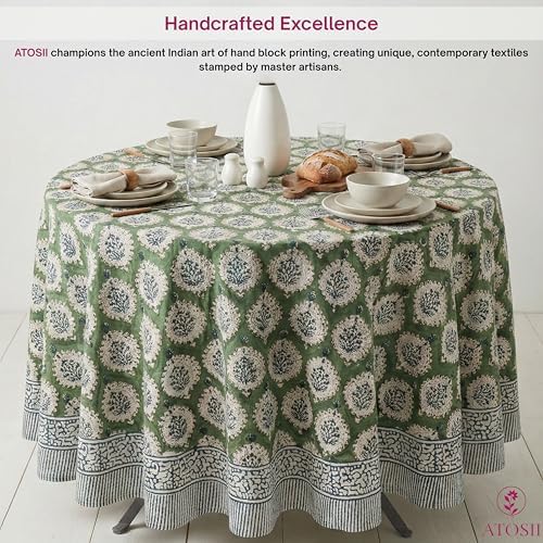 ATOSII Cotton Blockprint Round Tablecloth, Kari Green, 90 Inches