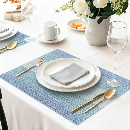 HeloHo Blue Placemats Set of 6,Stain-Resistant Kitchen Table Mats