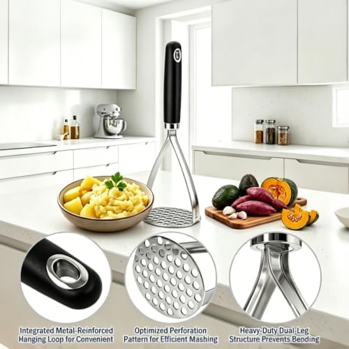 Potato Masher, 10.25 Inch Stainless Steel Masher with Non-Slip TPR