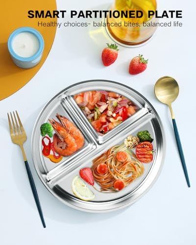 Bakpoco Stainless Steel Kids Plates Set of 4, 9" Portion Control