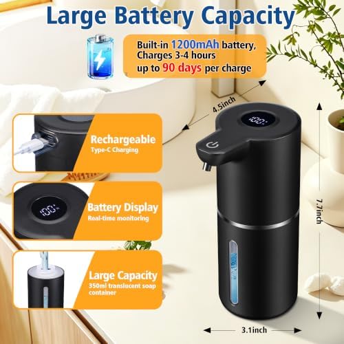 Automatic Foam Soap Dispenser Touchless Rechargeable, 350ml Black
