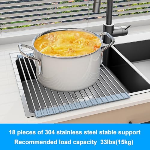 20.27 x 13.19 Inch Roll Up Dish Drying Rack, Expandable Over Sink Drying Rack 304 Stainless Steel Drainer for Counter Kitchen Home RV Essentials Foldable Over Sink Drying Rack, Grey