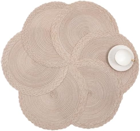 SHACOS Round Placemats Set of 4 Boho Braided Border 15 inch Circle