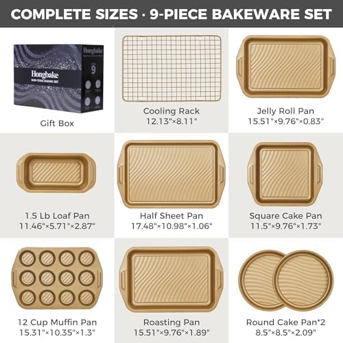 9-Piece Nonstick Bakeware Set, Non-Toxic Baking Pans Set, Gold