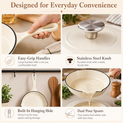 Hisencn Enameled Cast Iron Cookware Set, 8 Piece of Casserole, Dutch Ovens, Skillet and 3 Lids, Ceramic Coated Cast Iron Dutch Oven Set, Gas/Induction Compatible, PFA Free, with Pan Rack