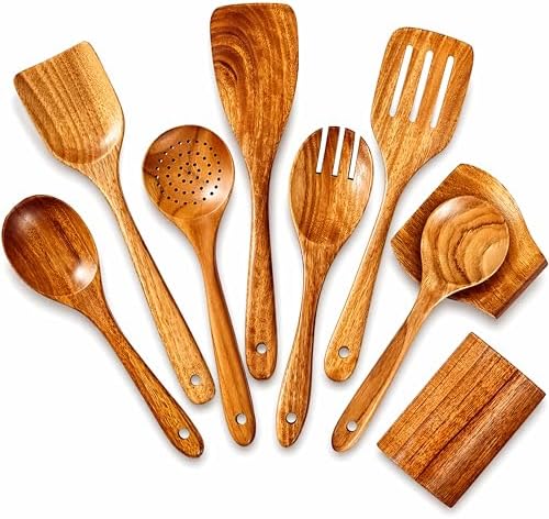 9-Piece Teak Wooden Utensil Set, Dark Brown