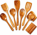 9-Piece Teak Wooden Utensil Set, Dark Brown