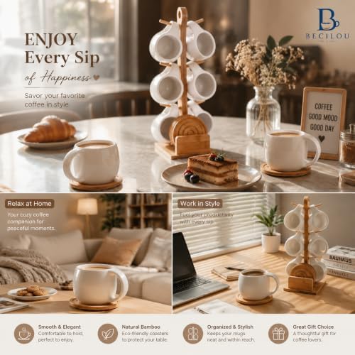 Coffee Mug Set of 6 with Bamboo Rack, White Ceramic Coffee Cups with