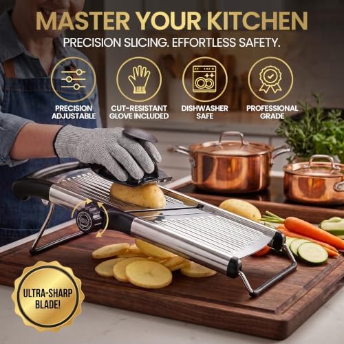 SAFI Adjustable Mandoline Slicer for Kitchen Mandoline & Vegetable Slicer Potato Slicer Fruit Slicer & Onion Cutter With Stainless Steel Blades Safety Hand Guard & Cut-Resistant Gloves Kitchen Gadgets